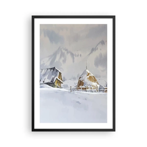 Affisch i svart ram - Vinterlandskap med en stuga och en höstack i bergen - 50x70cm - I snödalen - Modern väggdekoration för vardagsrum och sovrum ARTTOR