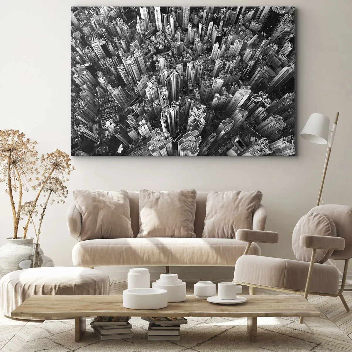 Canvastavla - Bild på duk - Svartvitt fågelperspektiv över staden - 70x50cm - Hela tiden högre och högre - Modern väggdekoration för vardagsrum och sovrum ARTTOR
