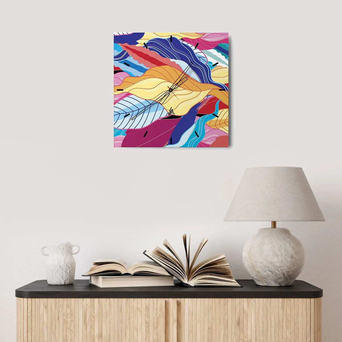 Väggklocka - Klocka på glas - Färgglad röra - 30x30 cm