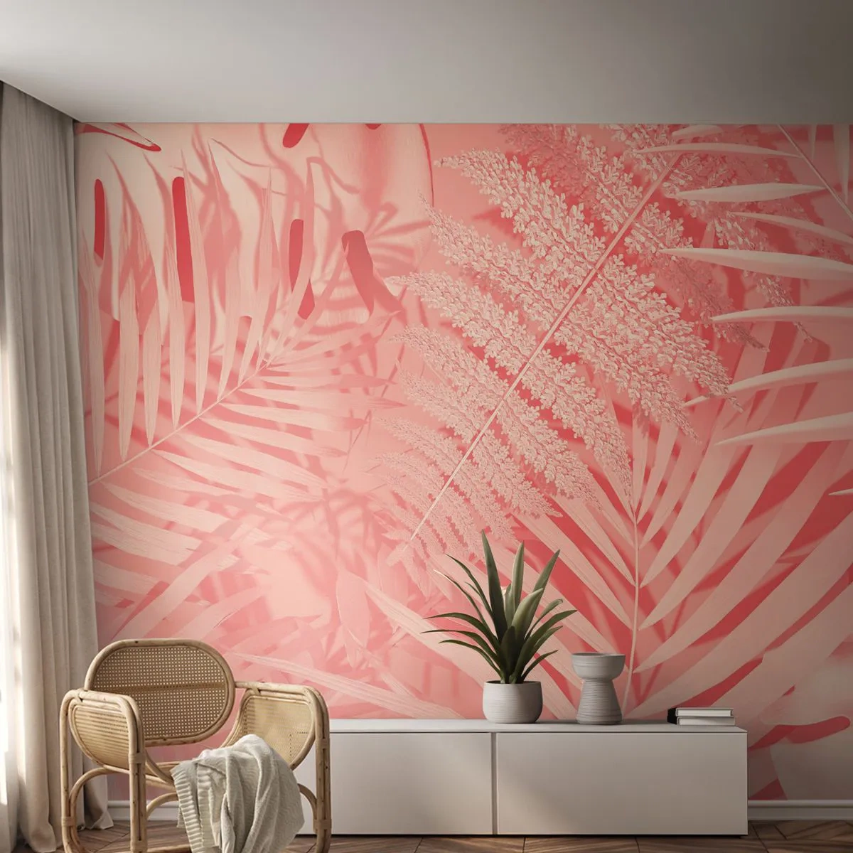 Fototapet Premium Sand - Rosa koncept - Abstraktion, Palmblad, Grafik - 400x280 cm
