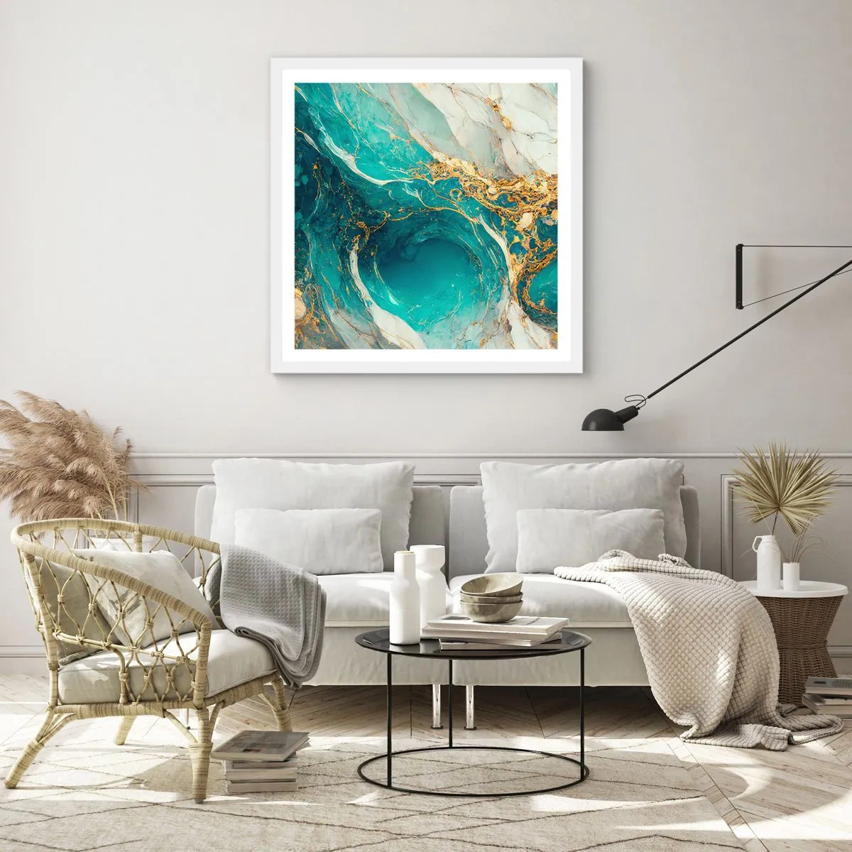 Affisch i vit ram - En komposition med guldådror - 50x50 cm