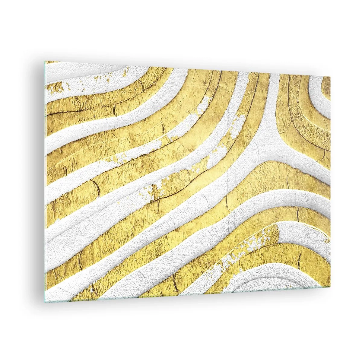 Glastavla - Bild på glas - Abstrakta guld- och vita vågor med en texturerad effekt - 70x50cm - Komposition i vitt och guld - Modern väggdekoration för vardagsrum och sovrum ARTTOR