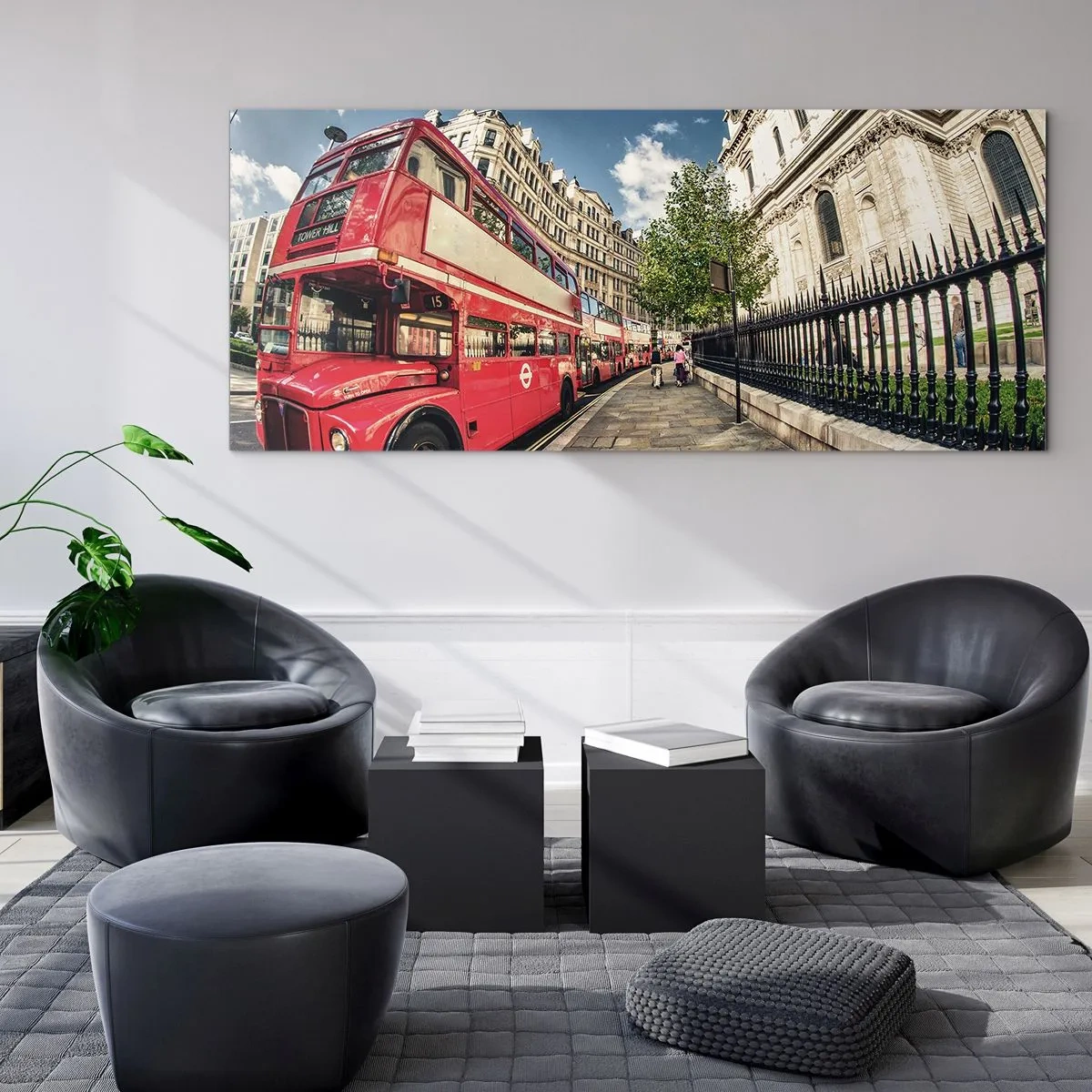 Glastavla - Bild på glas - Londongata i grå och röd - 100x40 cm