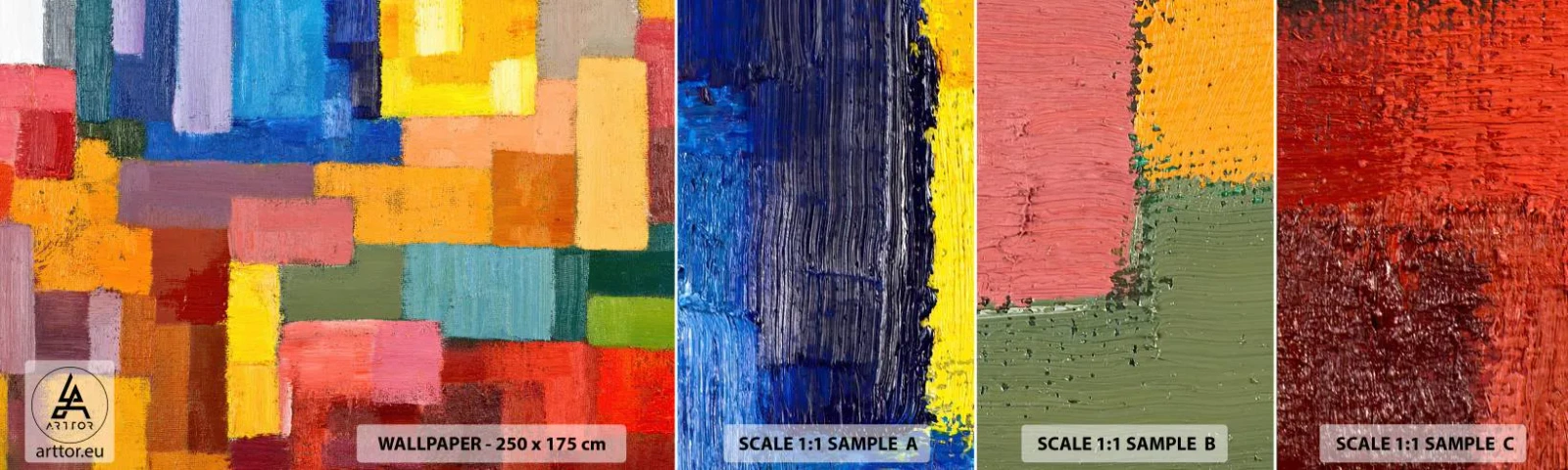 Provbit av självhäftande fototapet Deluxe Sticker - Alla olika, alla färgglada - Abstraktion, Bit, Modernt mönster - 100x30 cm