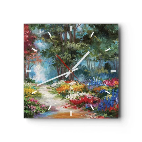 Väggklocka - Klocka på glas - Skogsträdgård, blomskog - 30x30 cm