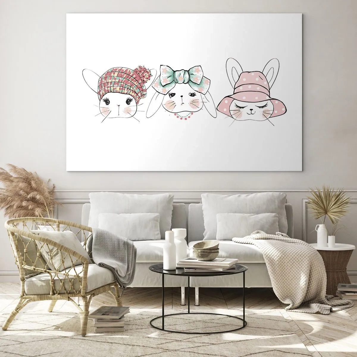 Glastavla - Bild på glas - Söta kaniner i hattar och rosetter - 70x50cm - Fundersam, ledsen, glad - Modern väggdekoration för vardagsrum och sovrum ARTTOR