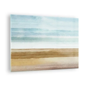 Glastavla - Bild på glas - En minimalistisk strand i pastellfärgad akvarellstil - 70x50cm - Svalkande - Modern väggdekoration för vardagsrum och sovrum ARTTOR