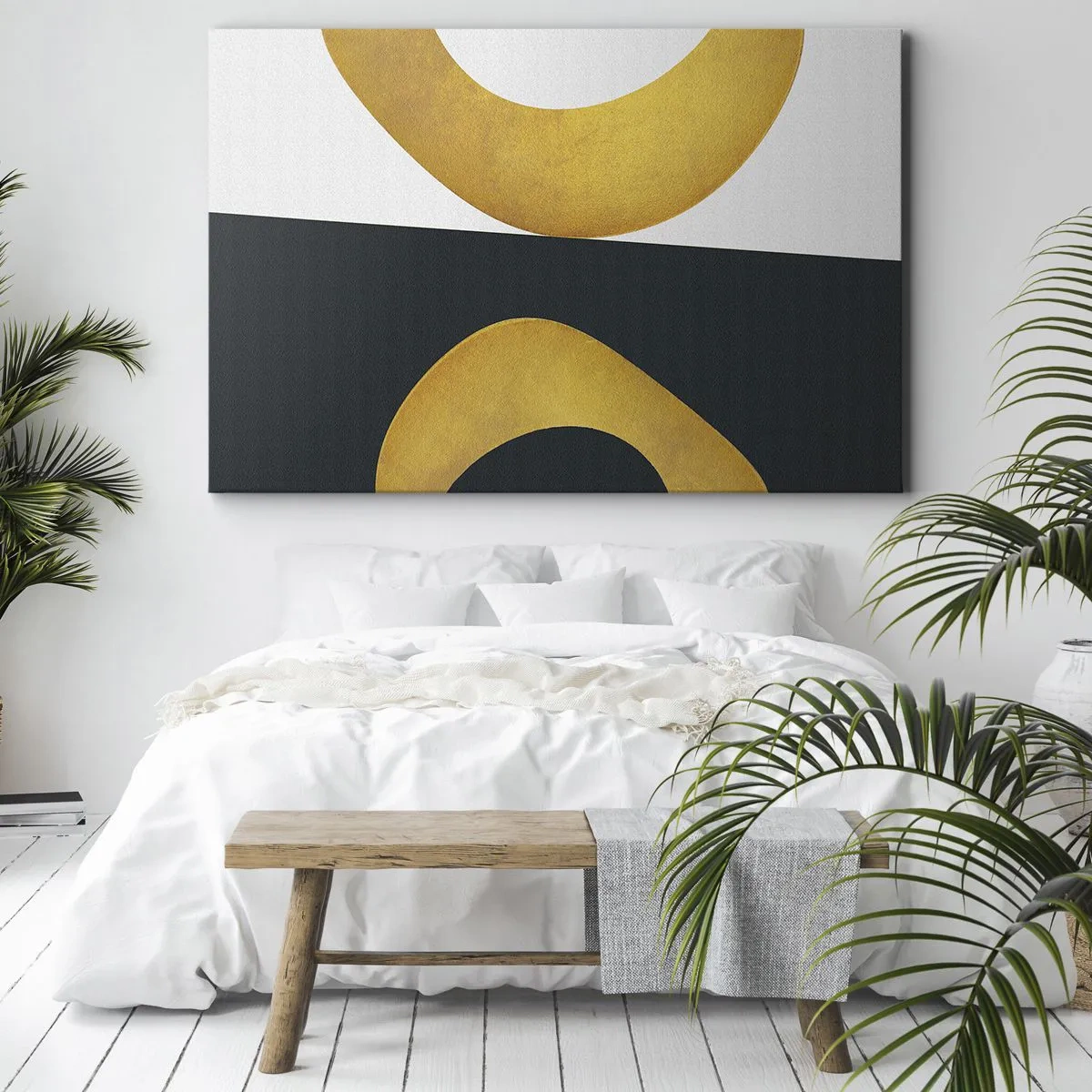 Canvastavla - Bild på duk - Geometriska former i guld på en vit och mörk bakgrund - 70x50cm - Öfr det första: guld - Modern väggdekoration för vardagsrum och sovrum ARTTOR