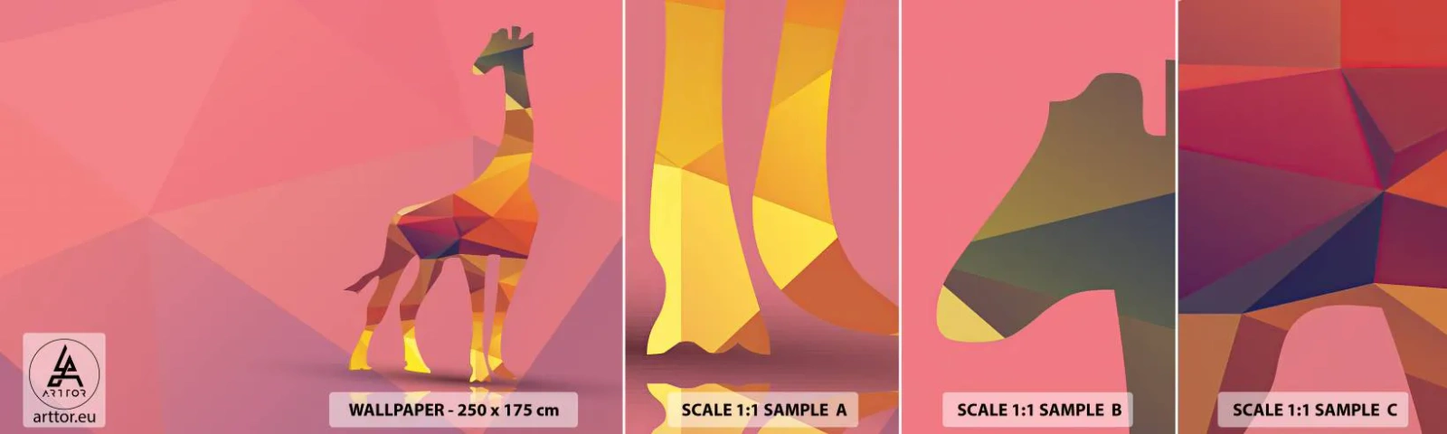 Provbit av självhäftande fototapet Deluxe Sticker - I savannens färger - Djur, Giraff, Geometrisk figur - 100x30 cm