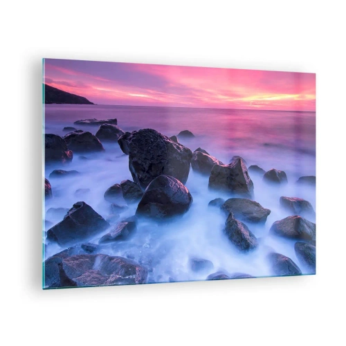 Glastavla - Bild på glas - Vågor som slår mot klipporna vid solnedgången - 70x50cm - Dimma och sken - Modern väggdekoration för vardagsrum och sovrum ARTTOR