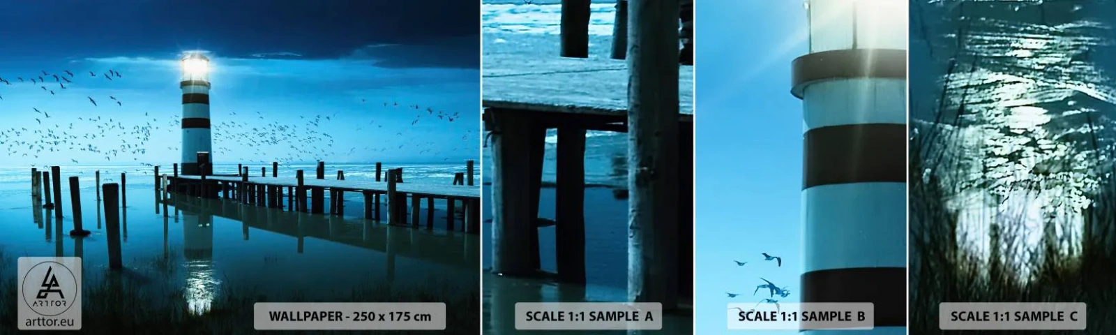 Fototapet Prov Standard Eco - Och du är inte längre rädd för mörkret - Landskap, Fyr, Träbro - 100x30 cm