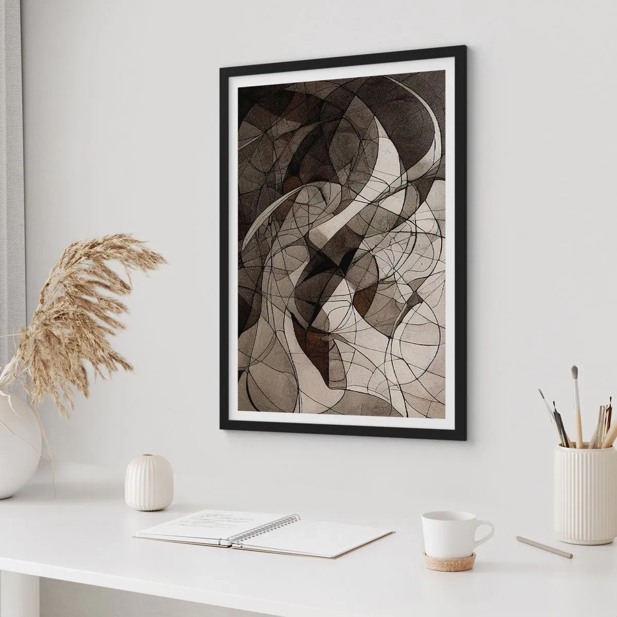 Affisch i svart ram - Abstrakt komposition av geometriska linjer och former - 50x70cm - Cirkulation av jordens färger - Modern väggdekoration för vardagsrum och sovrum ARTTOR