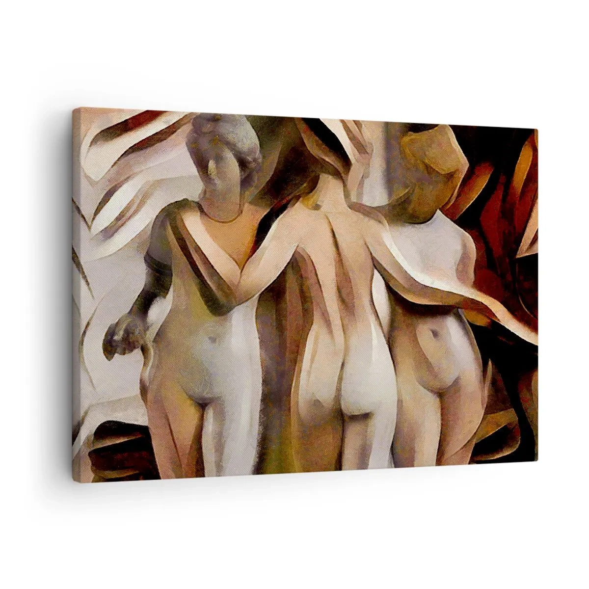 Canvastavla - Bild på duk - En abstrakt scen med tre figurer i varma färger. - 70x50cm - De tre gracerna 2.0 - Modern väggdekoration för vardagsrum och sovrum ARTTOR