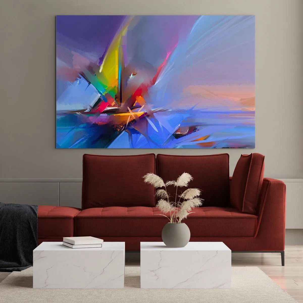 Glastavla - Bild på glas - Abstrakta propellrar i livfulla färger mot en pastellfärgad himmel - 70x50cm - Snabb som en fågel - Modern väggdekoration för vardagsrum och sovrum ARTTOR