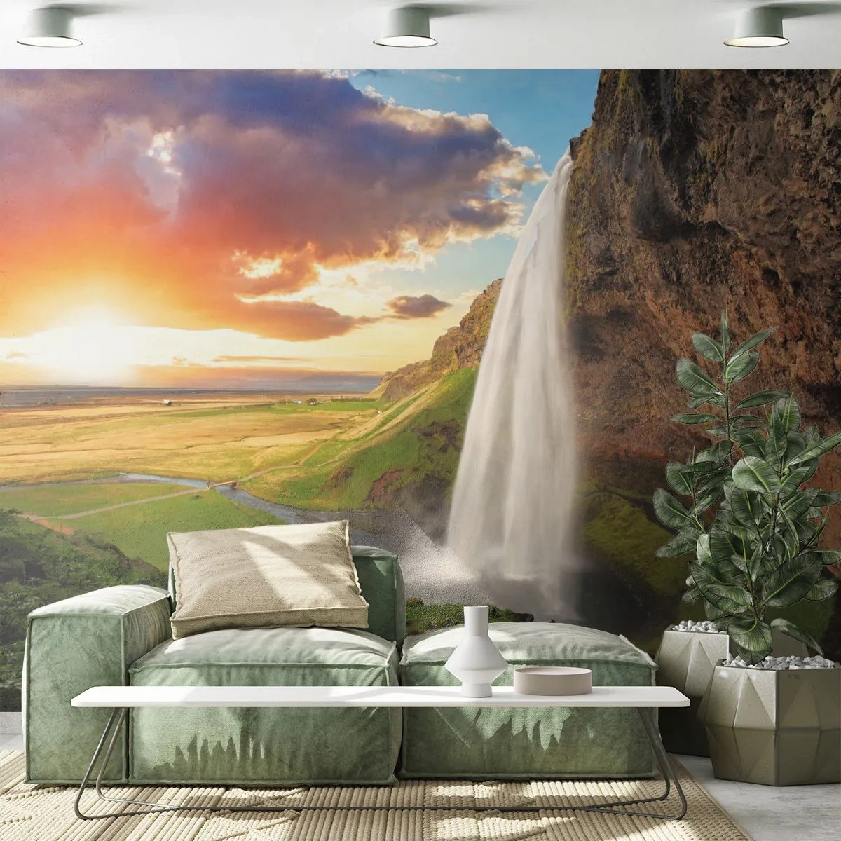 Fototapet Standard Eco - Ett pittoreskt vattenfall som faller från en klippa vid solnedgången - 100x70cm - Full av isländsk sommar - Modern väggdekoration för vardagsrum och sovrum ARTTOR