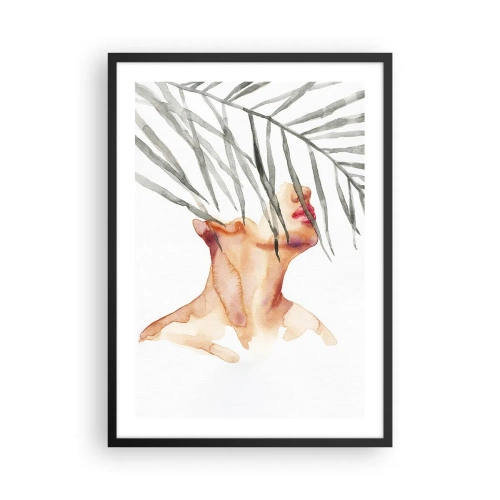 Affisch i svart ram - Akvarell kvinna med palmblad som täcker hennes ansikte - 50x70cm - Känna tropikens puls - Modern väggdekoration för vardagsrum och sovrum ARTTOR