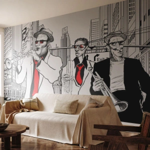 Självhäftande Fototapet Deluxe Sticker - Stadsrapsodi i svart och rött - New York, Jazz, musik - 250x175 cm