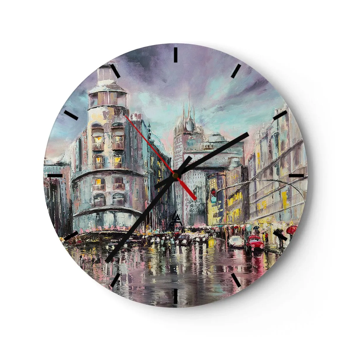 Väggklocka - Klocka på glas - Stadsgata på natten i regnet med reflektioner av ljus - 30x30cm - Det blir en lyckad kväll - Modern väggdekoration för vardagsrum, kök och sovrum ARTTOR