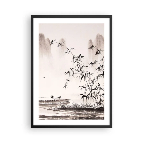 Affisch i svart ram - Ett minimalistiskt landskap med bambu i orientalisk stil. - 50x70cm - Risfältens tystnad - Modern väggdekoration för vardagsrum och sovrum ARTTOR