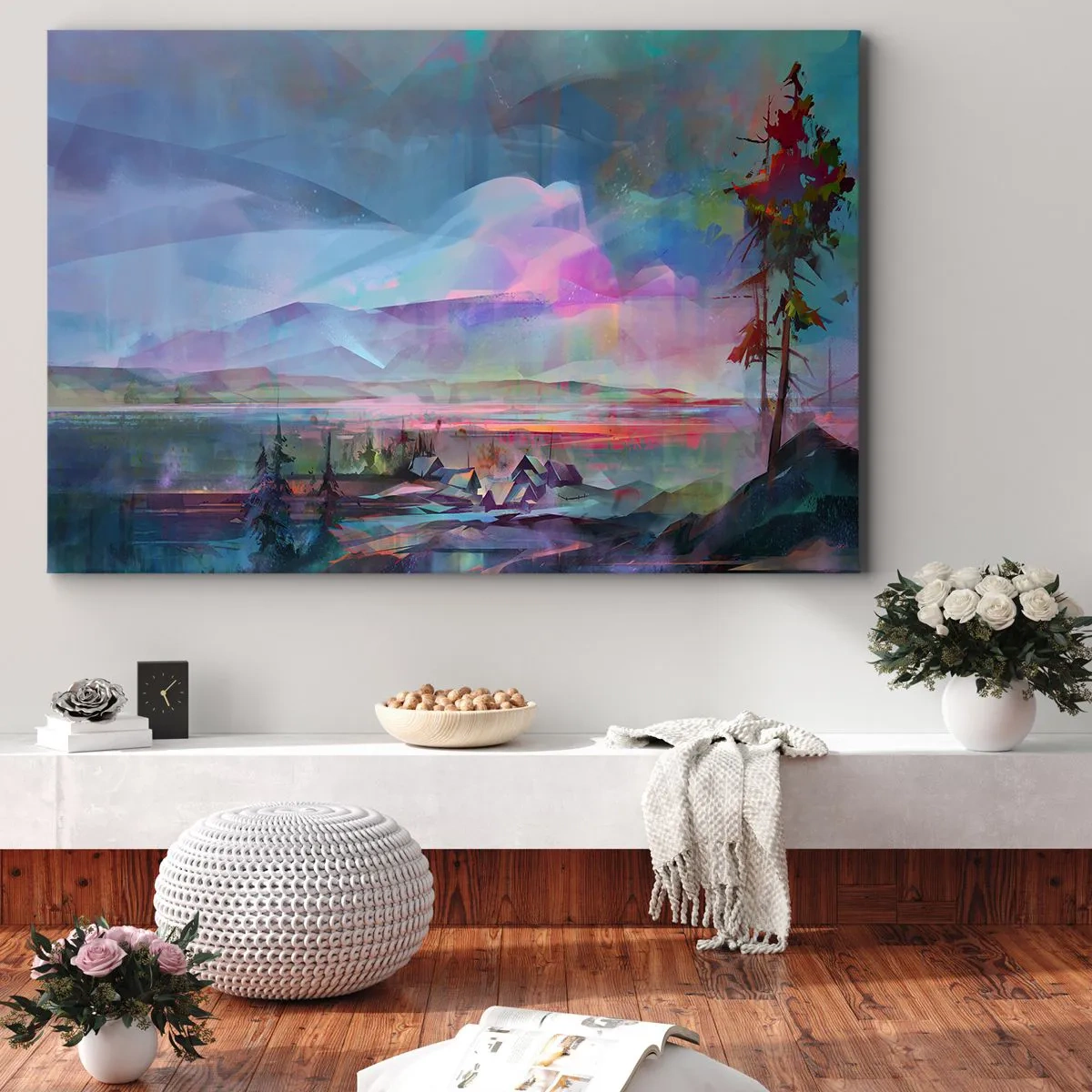 Canvastavla - Bild på duk - Berglandskap med en färgglad himmel och en by - 70x50cm - Under en vänlig himmel - Modern väggdekoration för vardagsrum och sovrum ARTTOR