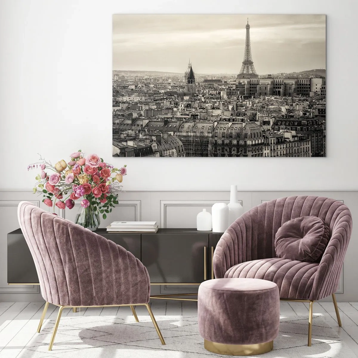Glastavla - Bild på glas - Ett panorama över Paris med utsikt över Eiffeltornet i sepiatoner - 70x50cm - Över Paris tak - Modern väggdekoration för vardagsrum och sovrum ARTTOR