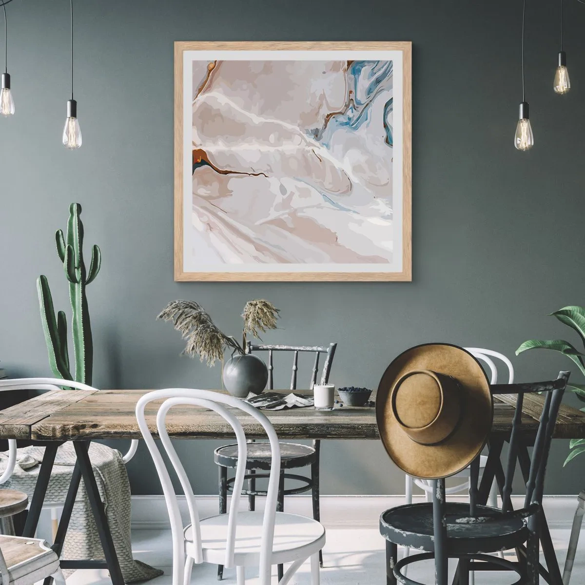 Affisch i ram av ljusek - Blåa meanderlopp under vithet - 30x30 cm