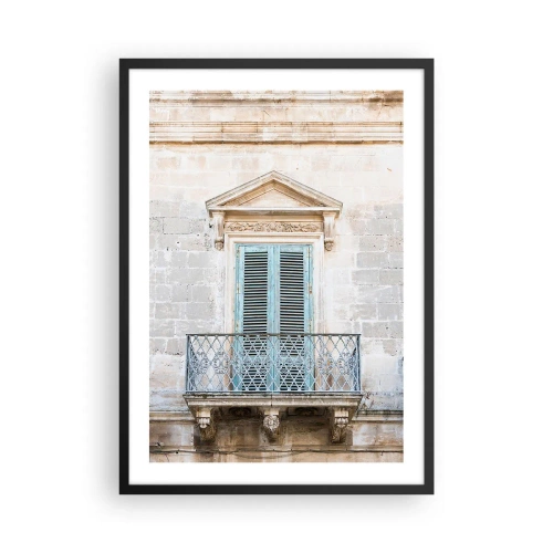 Affisch i svart ram - Historisk balkong med blå fönsterluckor i medelhavsstil - 50x70cm - Italiens unika charm - Modern väggdekoration för vardagsrum och sovrum ARTTOR
