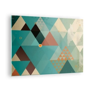 Glastavla - Bild på glas - Geometri i nyanser av turkos och brunt med trianglar - 70x50cm - Mångfaldens enighet, enighetens mångfald - Modern väggdekoration för vardagsrum och sovrum ARTTOR