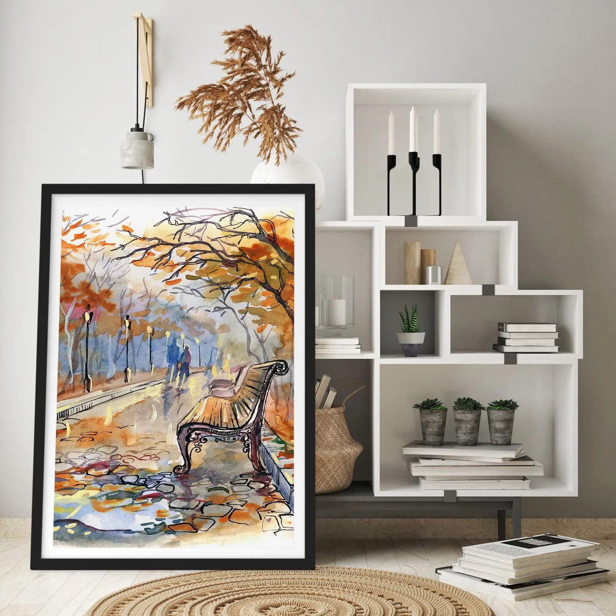 Affisch i svart ram - Bänk i en höstpark, akvarell - 50x70cm - Vandra tillsammans mot hösten - Modern väggdekoration för vardagsrum och sovrum ARTTOR