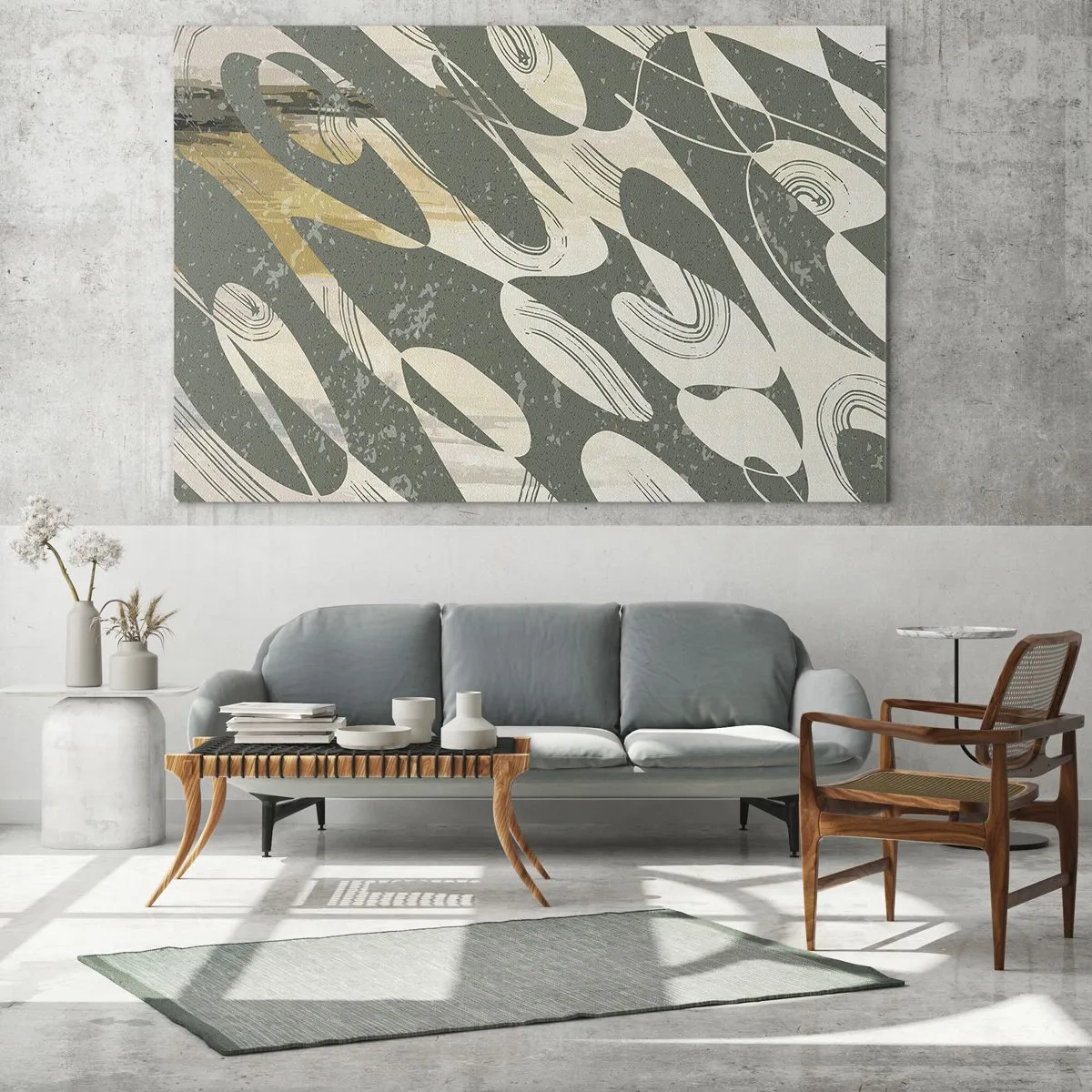 Glastavla - Bild på glas - En grön och beige komposition med dynamiska organiska former - 70x50cm - Rytmisk abstraktion - Modern väggdekoration för vardagsrum och sovrum ARTTOR