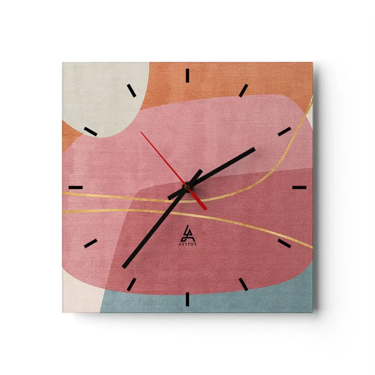 Väggklocka - Klocka på glas - Pastellkomposition med guldtråd - 30x30 cm