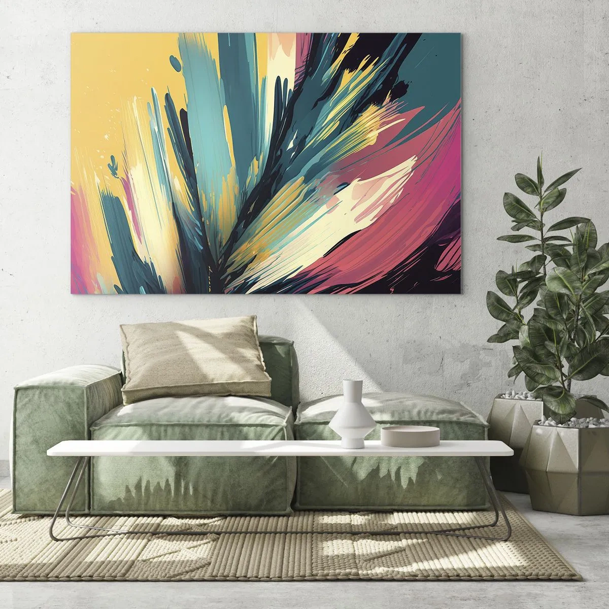 Glastavla - Bild på glas - Dynamiska penseldrag i livfulla färger - 70x50cm - Komposition - en explosion av glädje - Modern väggdekoration för vardagsrum och sovrum ARTTOR