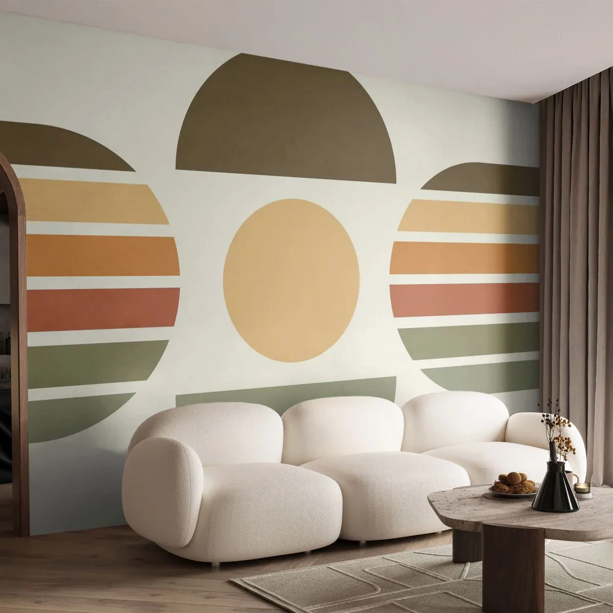 Fototapet Standard Eco - Geometriska halvcirklar och ränder i jordnära toner - 100x70cm - I jordens färger - Modern väggdekoration för vardagsrum och sovrum ARTTOR