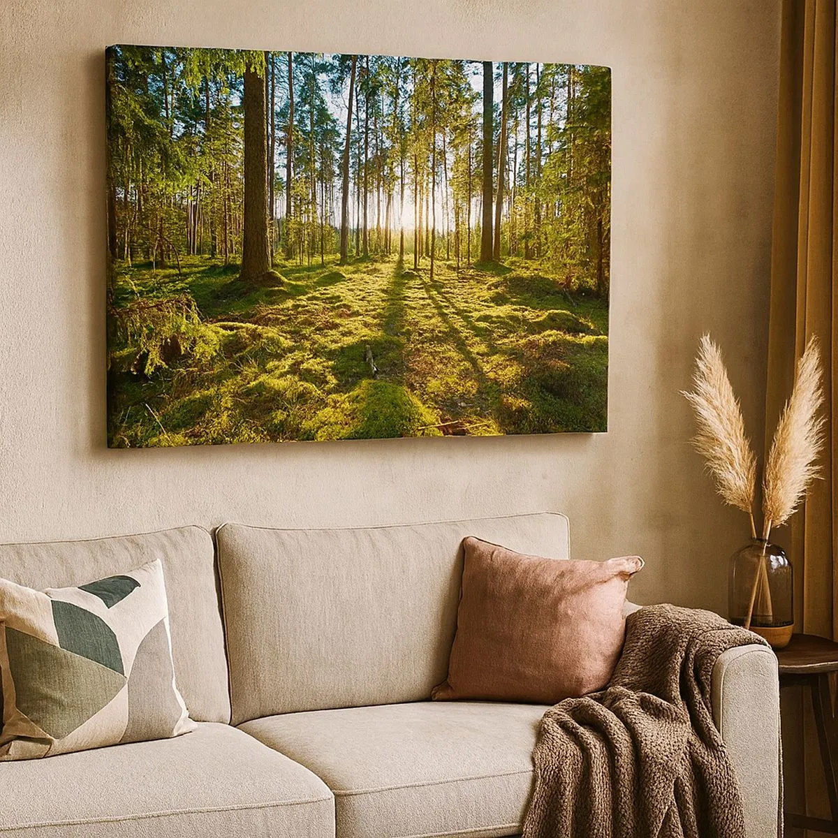 Canvastavla - Bild på duk - Grön skog upplyst av solljus på mossan - 70x50cm - ...Bortom sjunde skogen - Modern väggdekoration för vardagsrum och sovrum ARTTOR