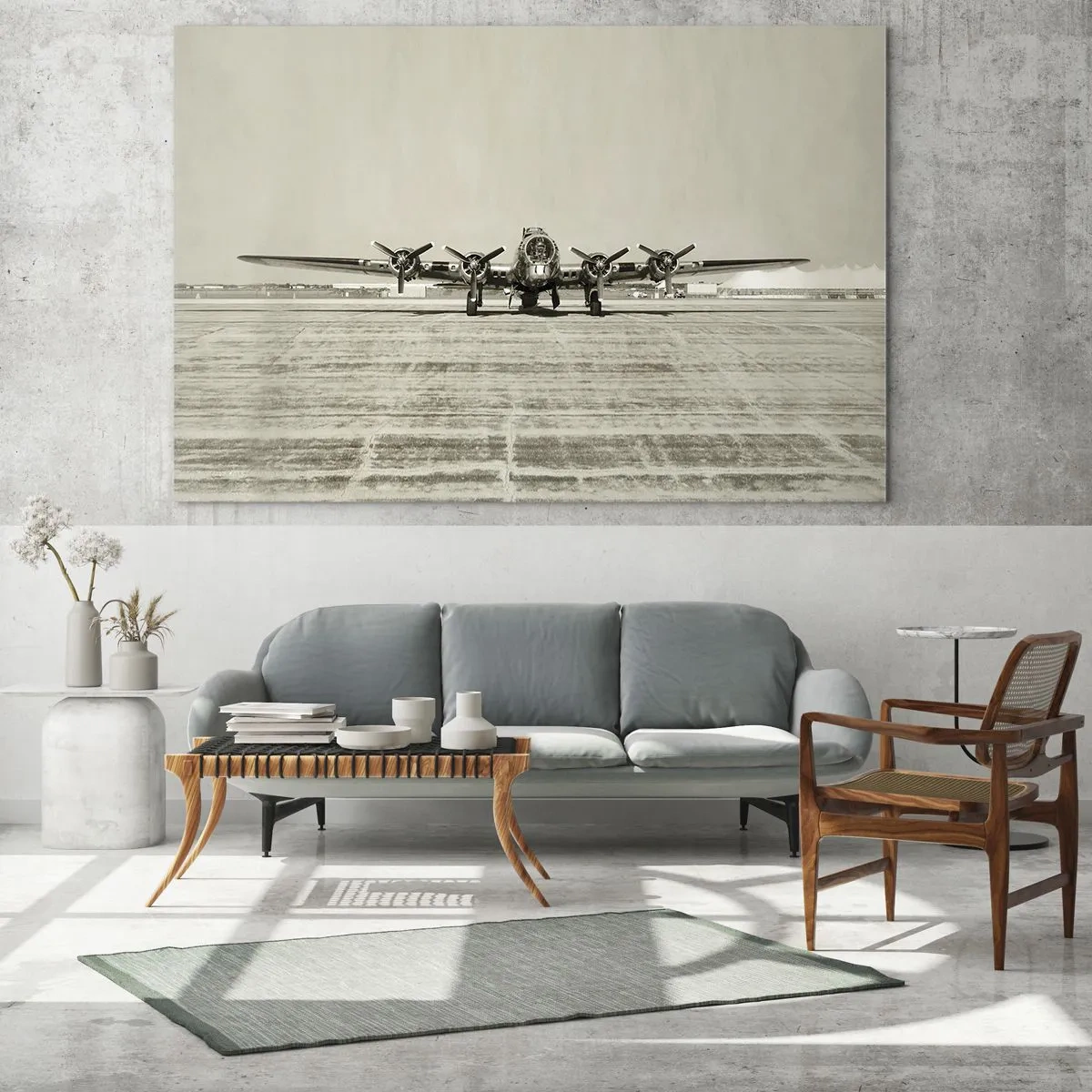 Glastavla - Bild på glas - Historiskt flygplan på flygplatsen i sepiastil - 70x50cm - Redo som vanligt - Modern väggdekoration för vardagsrum och sovrum ARTTOR