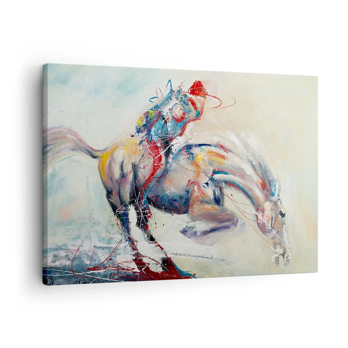 Canvastavla - Bild på duk - En dynamisk bild av en häst i en abstrakt konstnärlig stil. - 70x50cm - Håll i, vi flyger - Modern väggdekoration för vardagsrum och sovrum ARTTOR