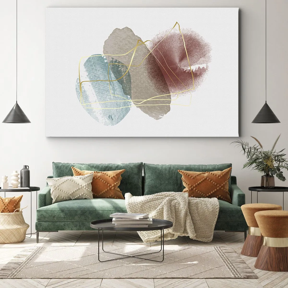 Canvastavla - Bild på duk - Abstrakta former med fina färger och gyllene linjer - 70x50cm - Rummets pärlor - Modern väggdekoration för vardagsrum och sovrum ARTTOR