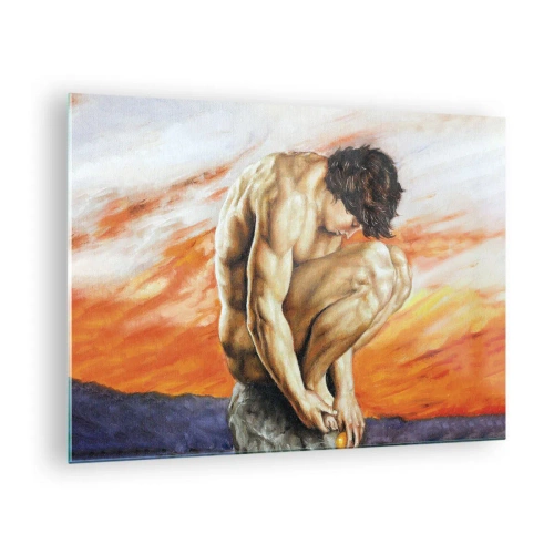Glastavla - Bild på glas - En naken människokropp mot en intensivt orange himmel. - 70x50cm - Försänkt i sig själv - Modern väggdekoration för vardagsrum och sovrum ARTTOR