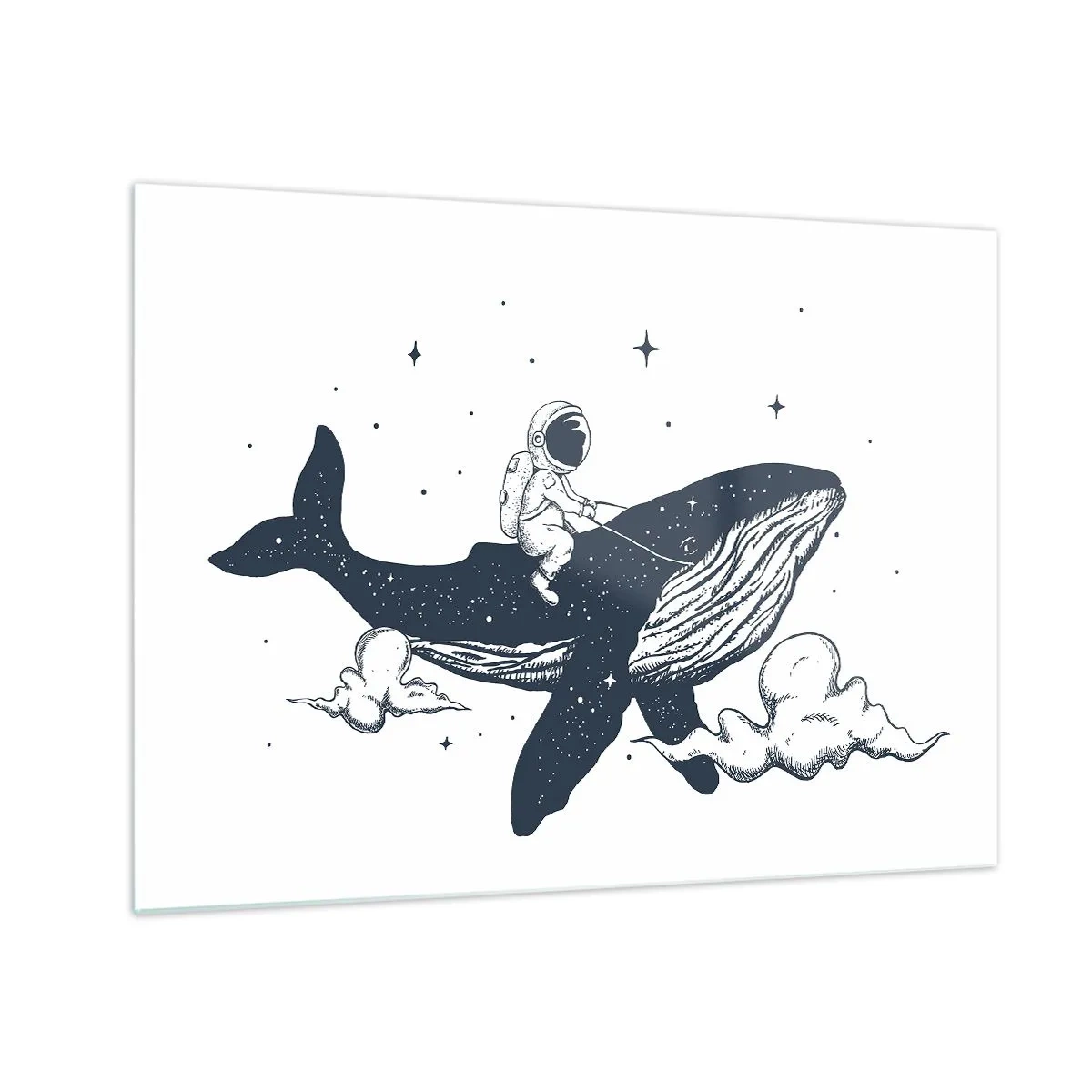 Glastavla - Bild på glas - Astronaut som rider på en val bland stjärnor och moln - 70x50cm - Rymdäventyr - Modern väggdekoration för vardagsrum och sovrum ARTTOR