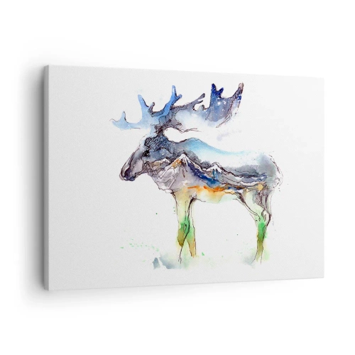 Canvastavla - Bild på duk - Akvarell silhuett av en älg med ett bergslandskap - 70x50cm - Vintersagans figur - Modern väggdekoration för vardagsrum och sovrum ARTTOR