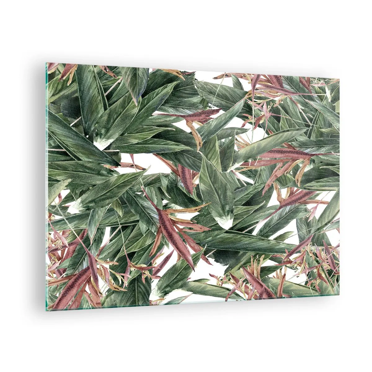 Glastavla - Bild på glas - Blad i nyanser av grönt och vinrött mot en ljus bakgrund - 70x50cm - Smaragd-lila växter - Modern väggdekoration för vardagsrum och sovrum ARTTOR