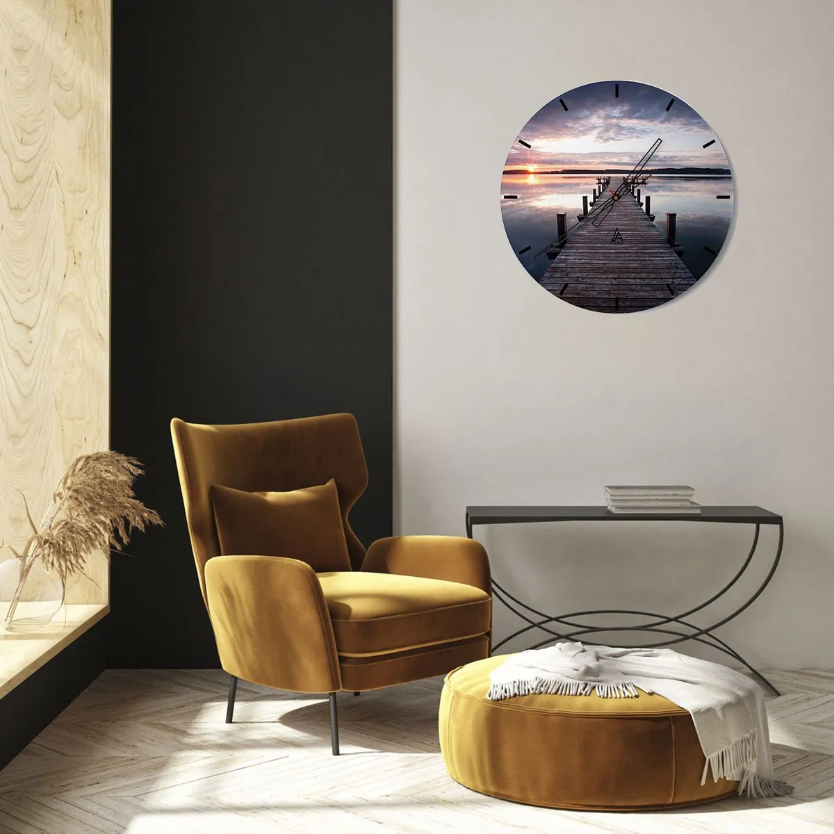 Väggklocka - Klocka på glas - Träbrygga som leder till sjön vid solnedgången - 30x30cm - Den tysta gränsen mellan dag och natt - Modern väggdekoration för vardagsrum, kök och sovrum ARTTOR