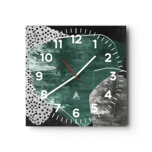 Väggklocka - Klocka på glas - Färgstark abstraktion med en guldflinga - 40x40 cm