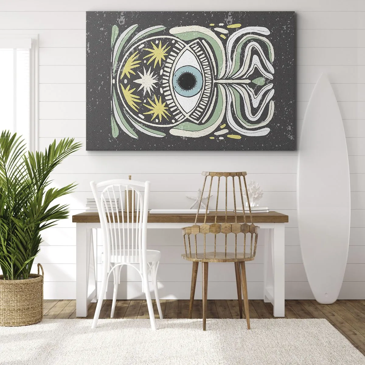 Canvastavla - Bild på duk - Ett symboliskt öga omgivet av abstrakta mönster - 70x50cm - Stamritualer - Modern väggdekoration för vardagsrum och sovrum ARTTOR