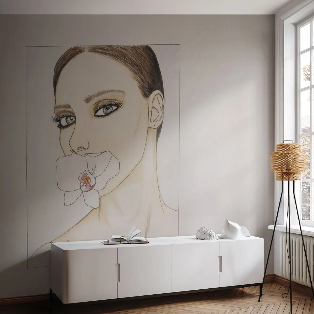 Fototapet Standard Eco - En kvinna med en orkidé i munnen i en minimalistisk skiss. - 100x70cm - Elegansens och skönhetens symbol - Modern väggdekoration för vardagsrum och sovrum ARTTOR