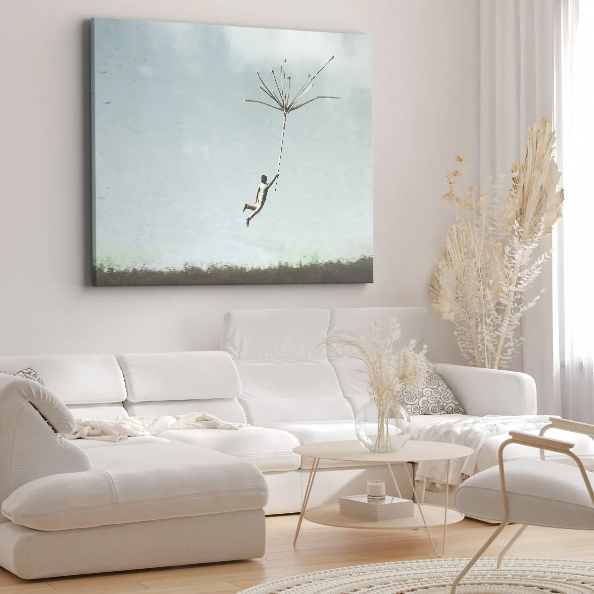 Canvastavla - Bild på duk - En figur lyft av ett stort maskrosfrö - 70x50cm - Drakar, maskrosor, vind - Modern väggdekoration för vardagsrum och sovrum ARTTOR