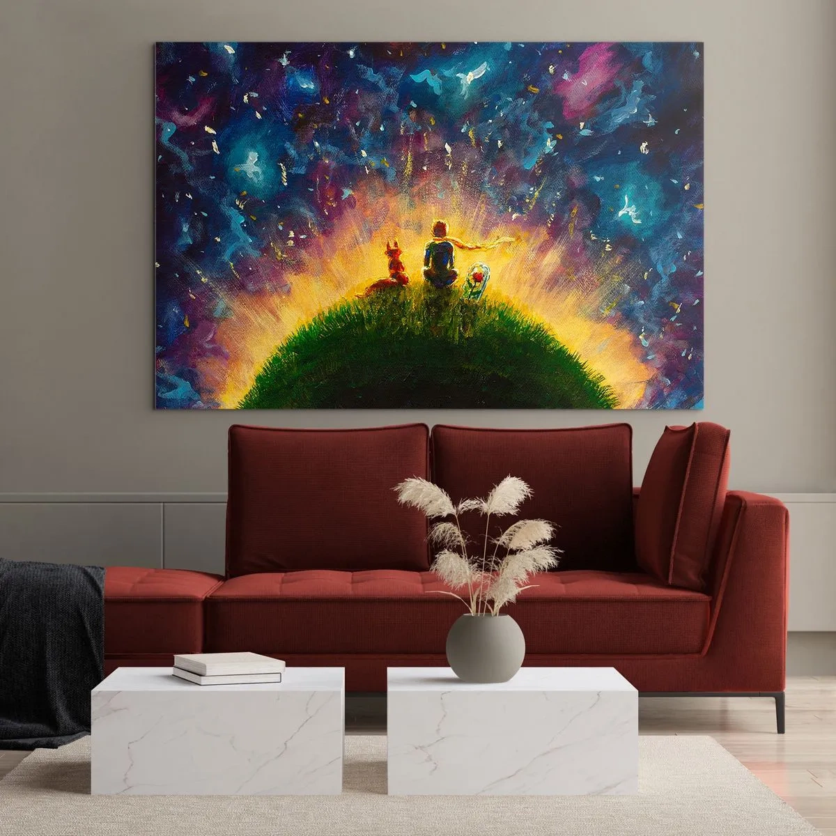 Glastavla - Bild på glas - En figur med en räv på en planet under en stjärnklar himmel - 70x50cm - Kärlek och vänskap - hela världen - Modern väggdekoration för vardagsrum och sovrum ARTTOR