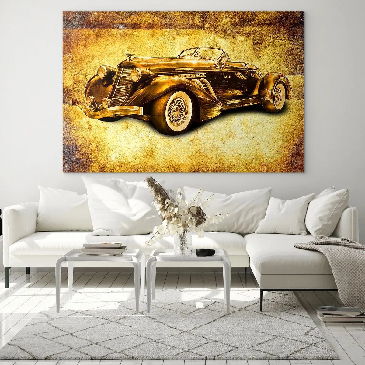 Glastavla - Bild på glas - Vintage cabrioletbil på en vintagebakgrund - 70x50cm - Elitens elit - Modern väggdekoration för vardagsrum och sovrum ARTTOR