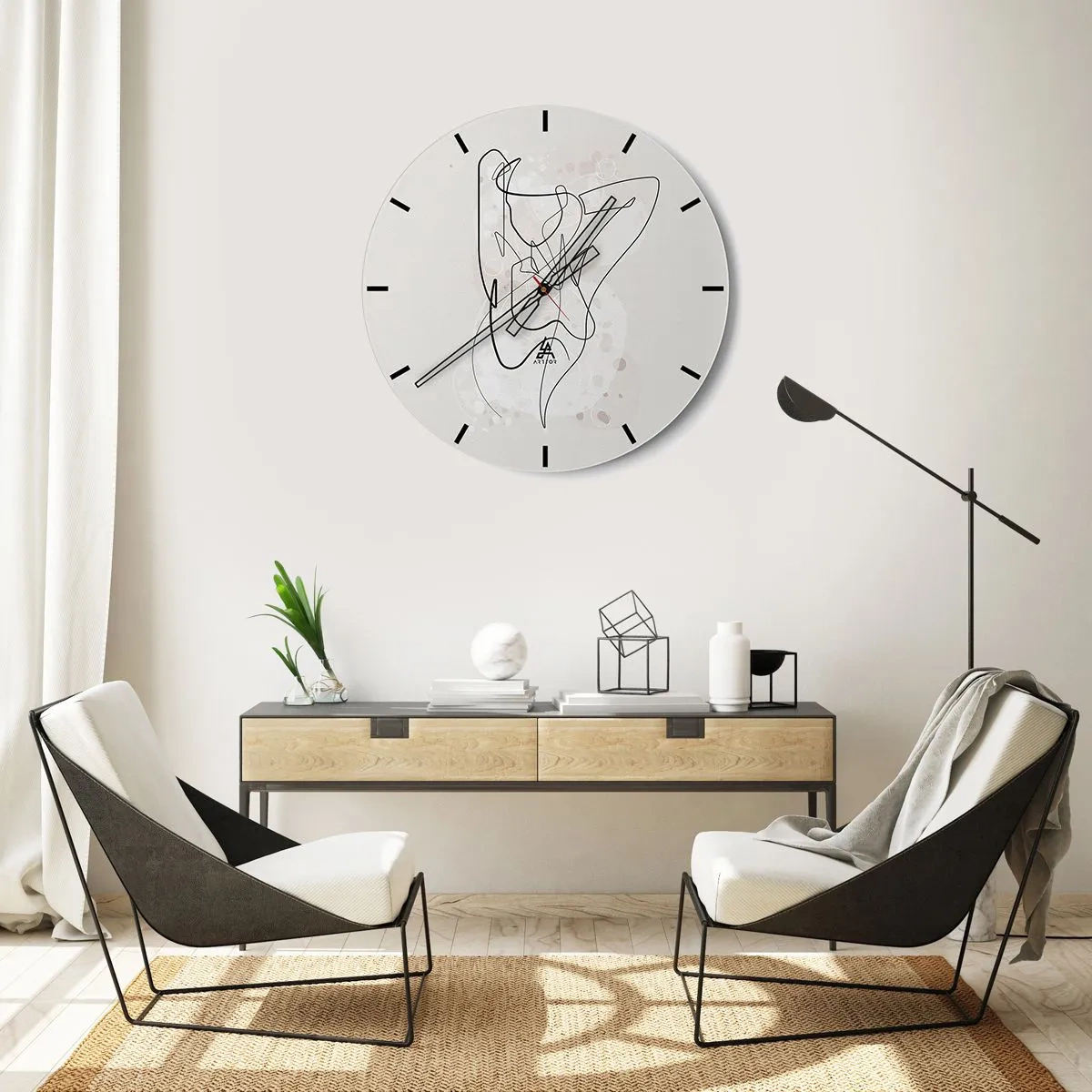 Väggklocka - Klocka på glas - Abstrakt linjekonst kvinnlig figur på en ljus bakgrund - 30x30cm - Konsten att förföra - Modern väggdekoration för vardagsrum, kök och sovrum ARTTOR