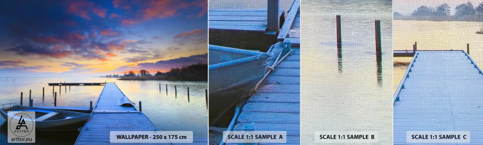 Provbit av fototapet Premium Canvas - Violet-guld ro - Landskap, Sjö, Båt - 100x30 cm